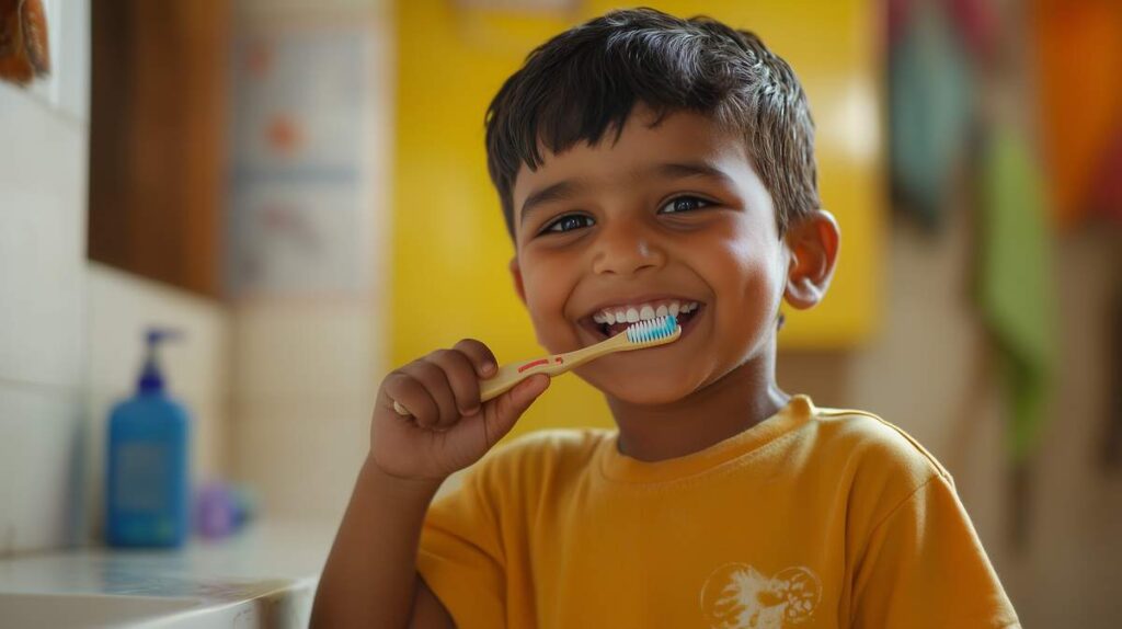 Un jeune enfant avec une brosse à dents qui sourit à l'appareil photo