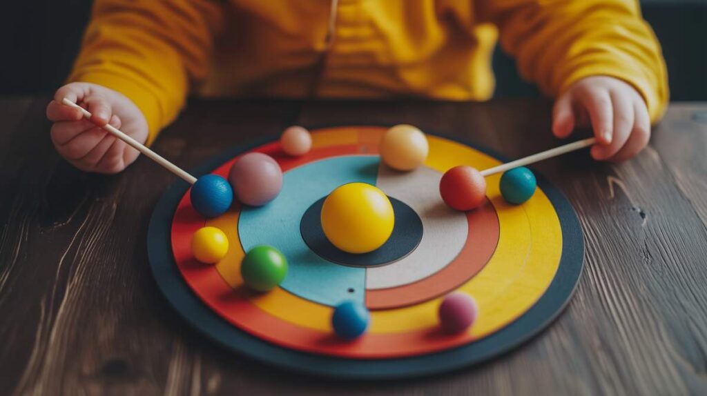 Un enfant qui joue à un jeu Montessori spécialisé espace