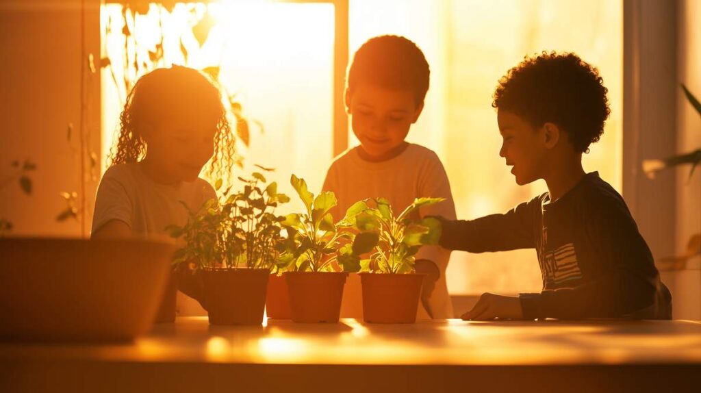 Des enfants qui apprennent à s'occuper des plantes dans une école Montessori