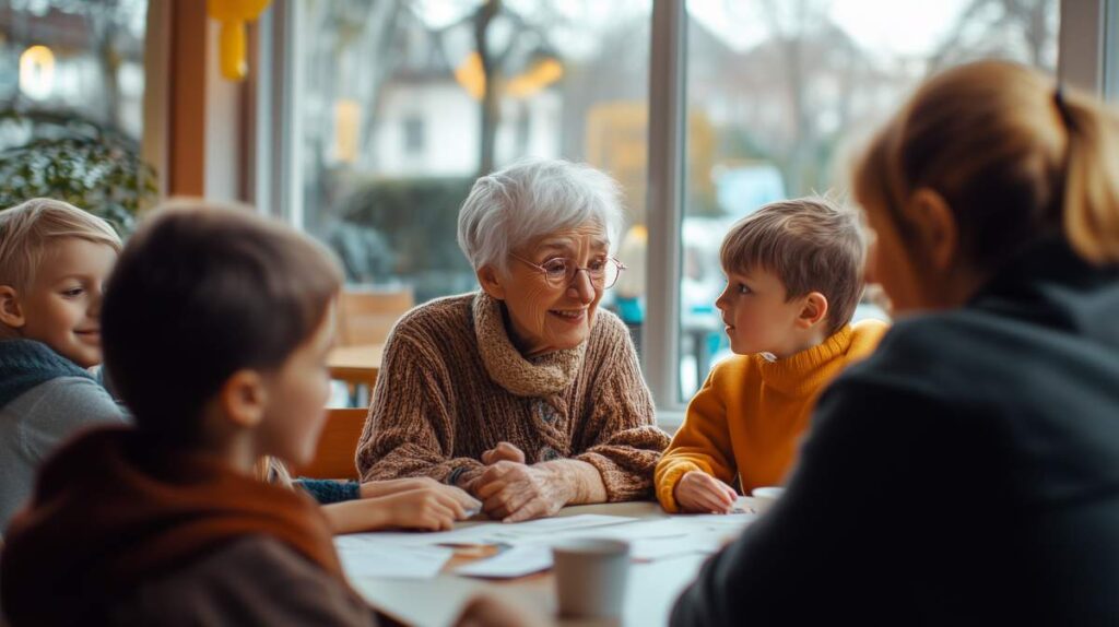 Une personne âgée et des enfants faisant des activités Montessori