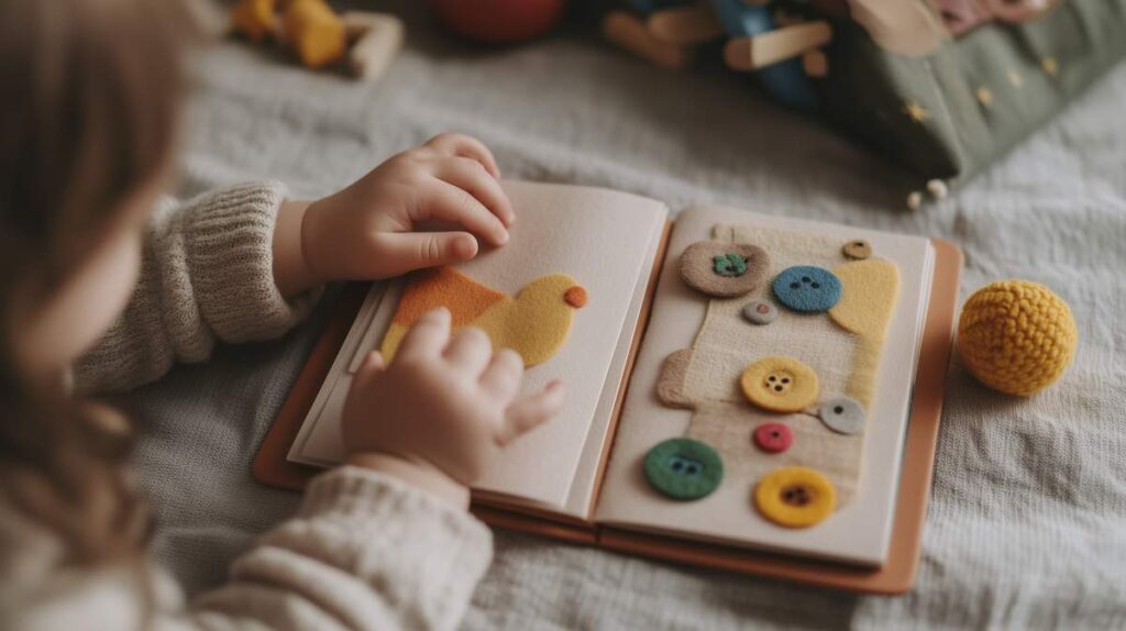 Un enfant qui joue avec un livre sensoriel Montessori